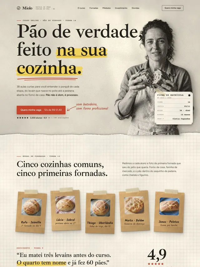 Página de vendas de curso online de pão de fermentação natural com módulos, parcelamento e garantia (desktop e mobile)