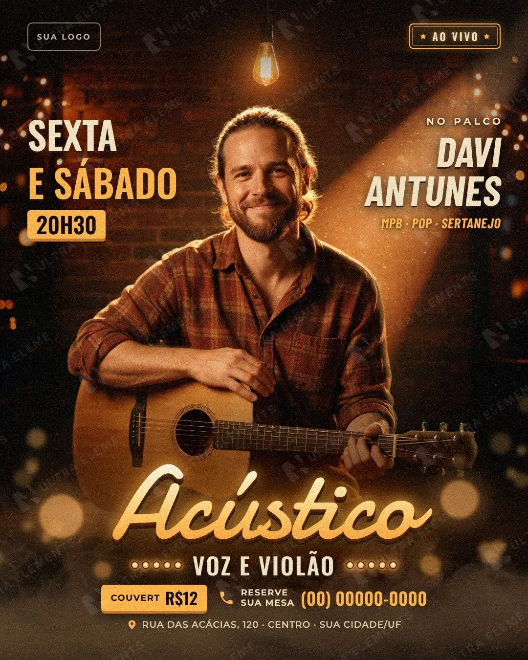 Acústico Voz e Violão: cantor no banquinho sob spot âmbar e lâmpada Edison, título script (feed + story) — imagem 1 de 4
