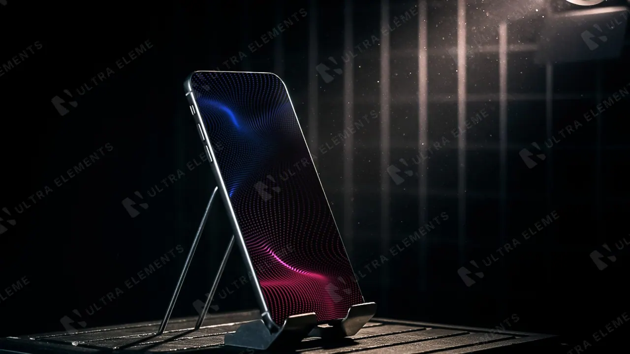 Mockup de iPhone em suporte metálico com luz de estúdio dramática — imagem 1 de 3