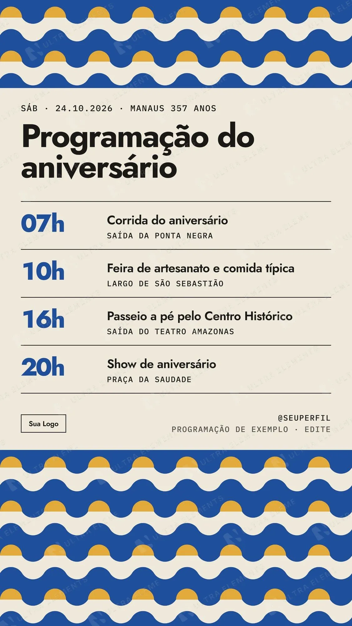 Story Aniversário de cidade: programação com 4 horários e módulo de ondas (exemplo Manaus 357)