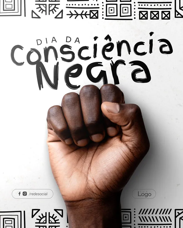 Post Dia da Consciência Negra: punho erguido em fundo claro com grafismos africanos (feed)