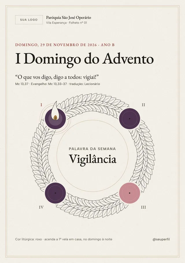 Folheto litúrgico A5 do I Domingo do Advento: frente com a coroa, verso com leituras, cantos e avisos