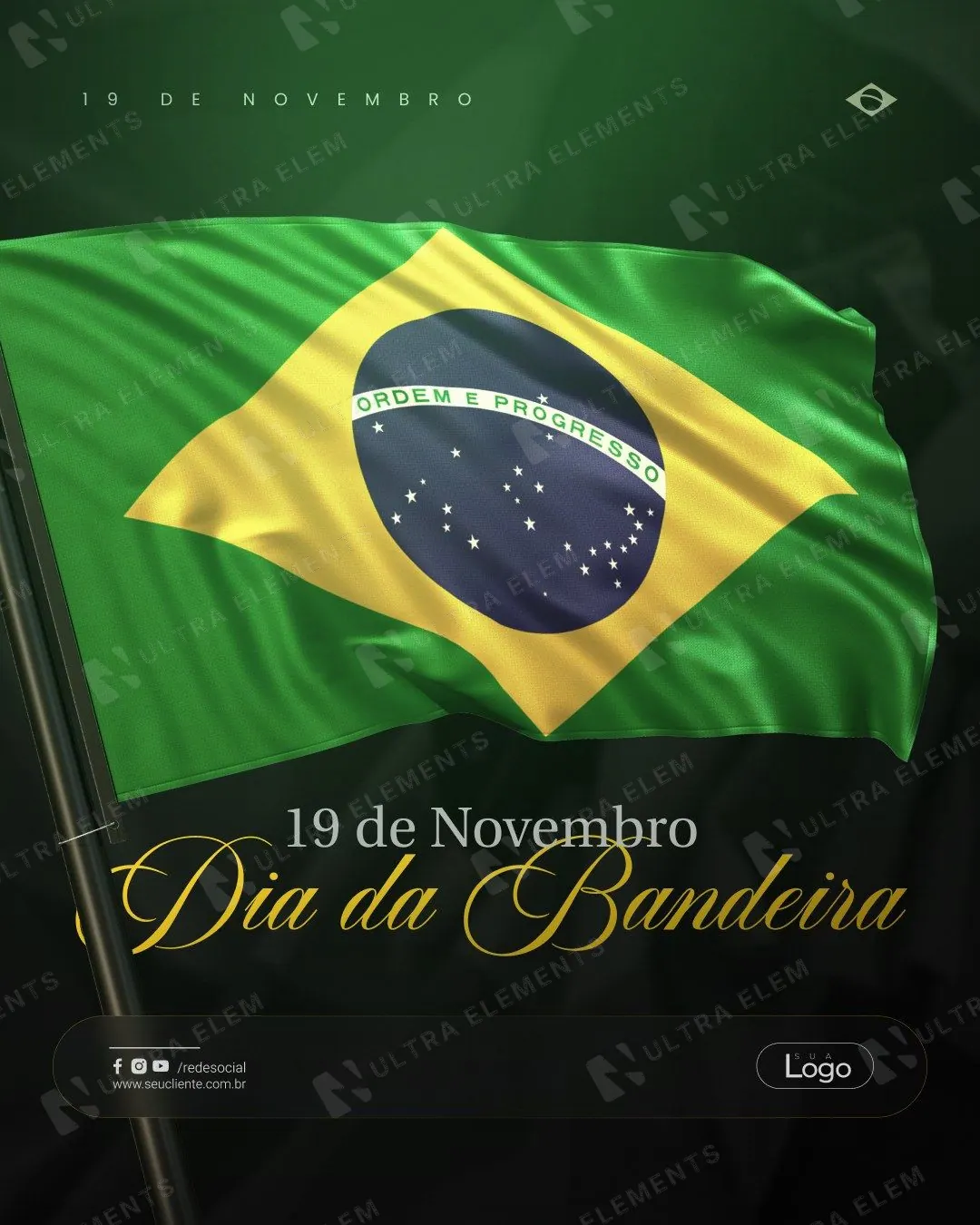Post Dia da Bandeira: lettering cursivo dourado em fundo escuro (feed)