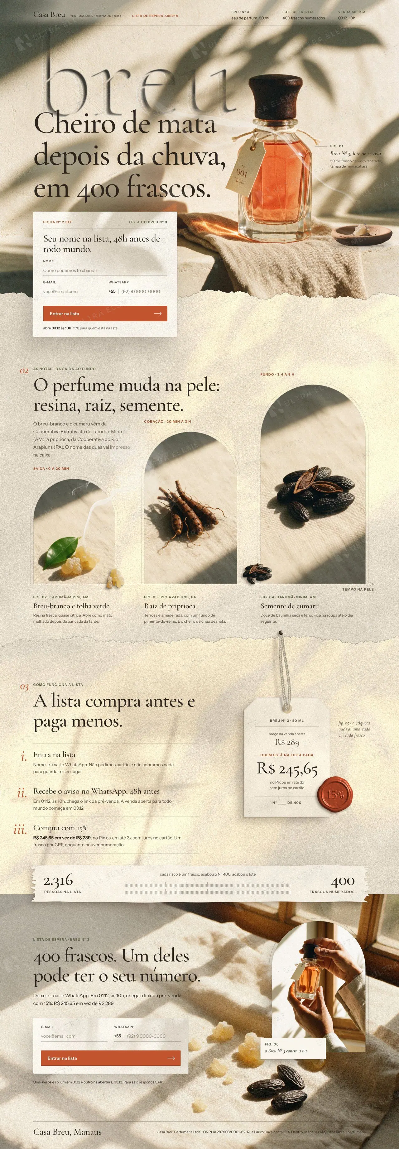 Landing page de lista de espera para lançamento de perfume artesanal brasileiro com lote numerado e cupom (desktop e mobile) — imagem 1 de 7