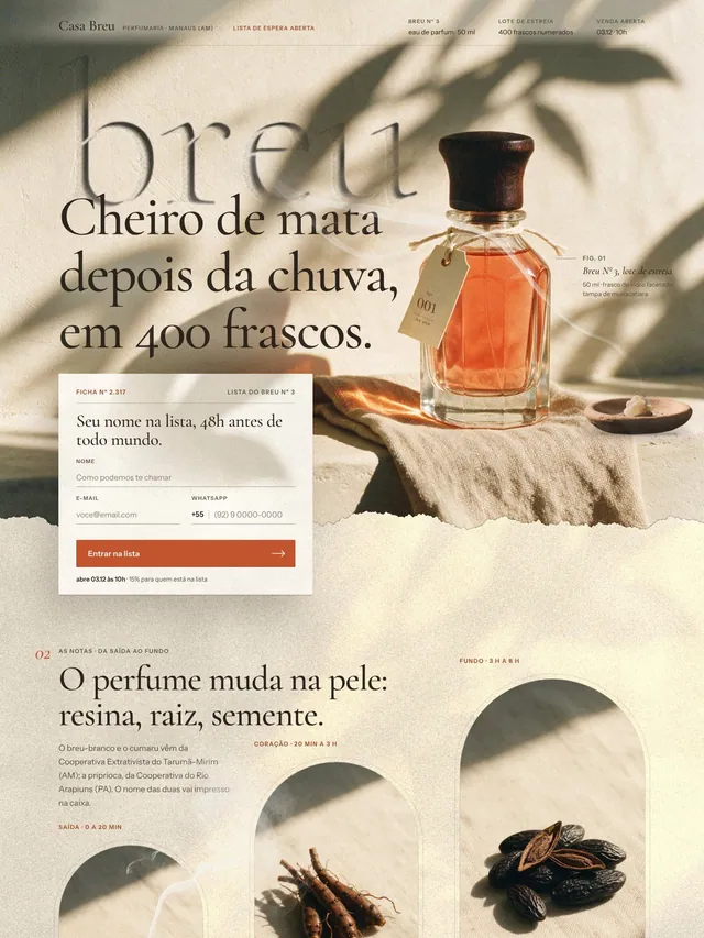 Landing page de lista de espera para lançamento de perfume artesanal brasileiro com lote numerado e cupom (desktop e mobile)