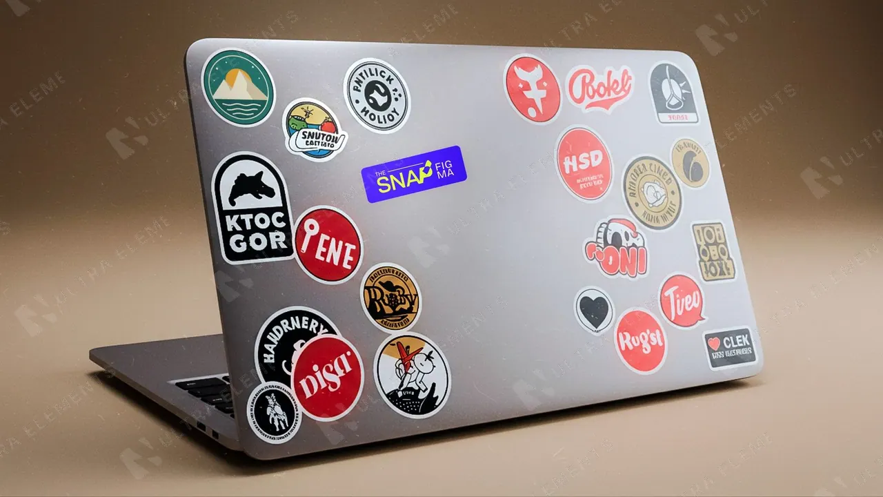 Mockup de adesivo em notebook cheio de stickers — foto realista em estúdio — imagem 1 de 3
