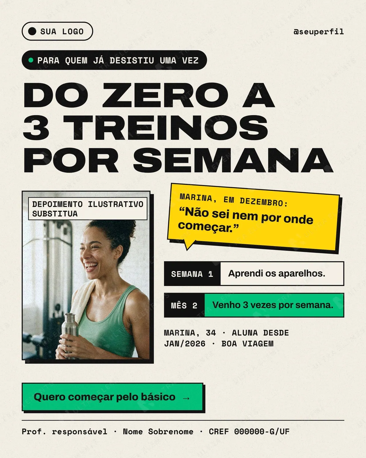 Anúncio de academia com depoimento em etapas “Do zero a 3 treinos por semana” (feed + story) — imagem 1 de 3