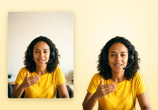 Professora de headset e camiseta amarela sorrindo e gesticulando: foto IA + PNG recortado