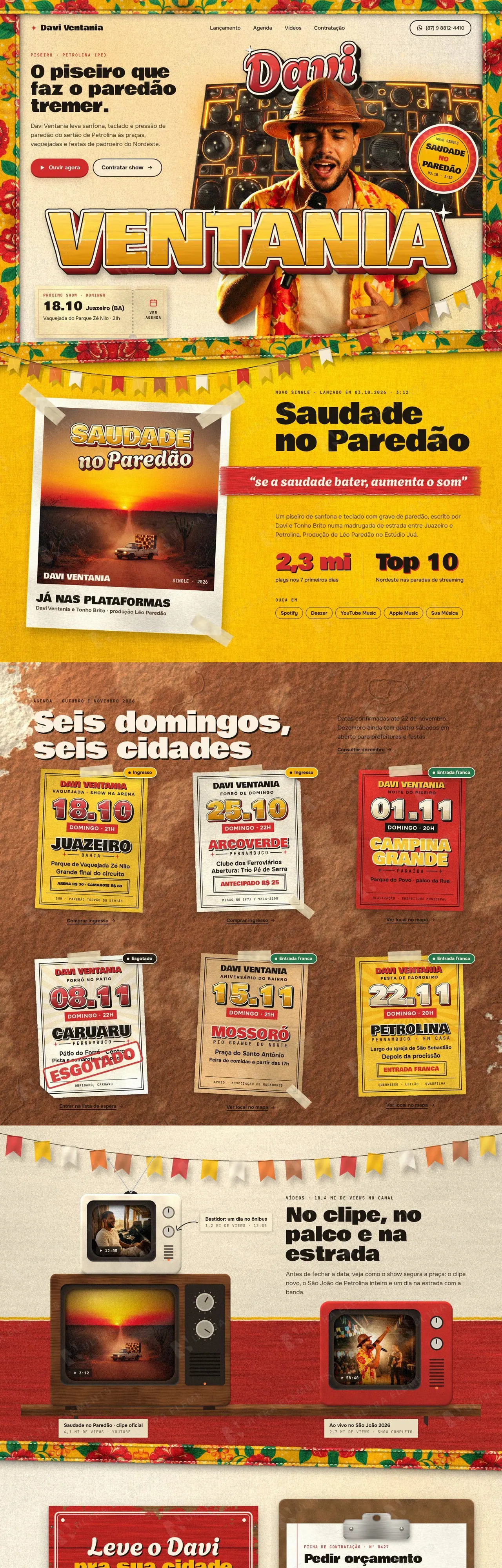 Landing page para cantor de piseiro com lançamento de single, agenda de shows e contratação (desktop e mobile) — imagem 1 de 8