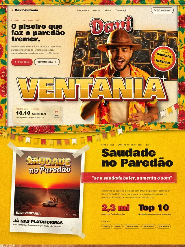 Landing page para cantor de piseiro com lançamento de single, agenda de shows e contratação (desktop e mobile)
