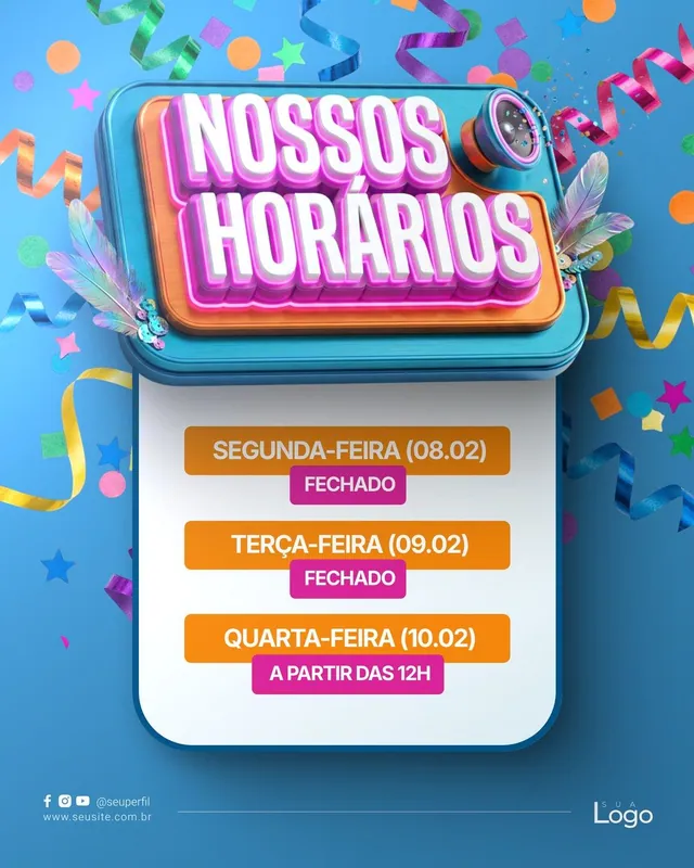 Post Carnaval nossos horários: título 3D com serpentinas e confetes em azul (feed)