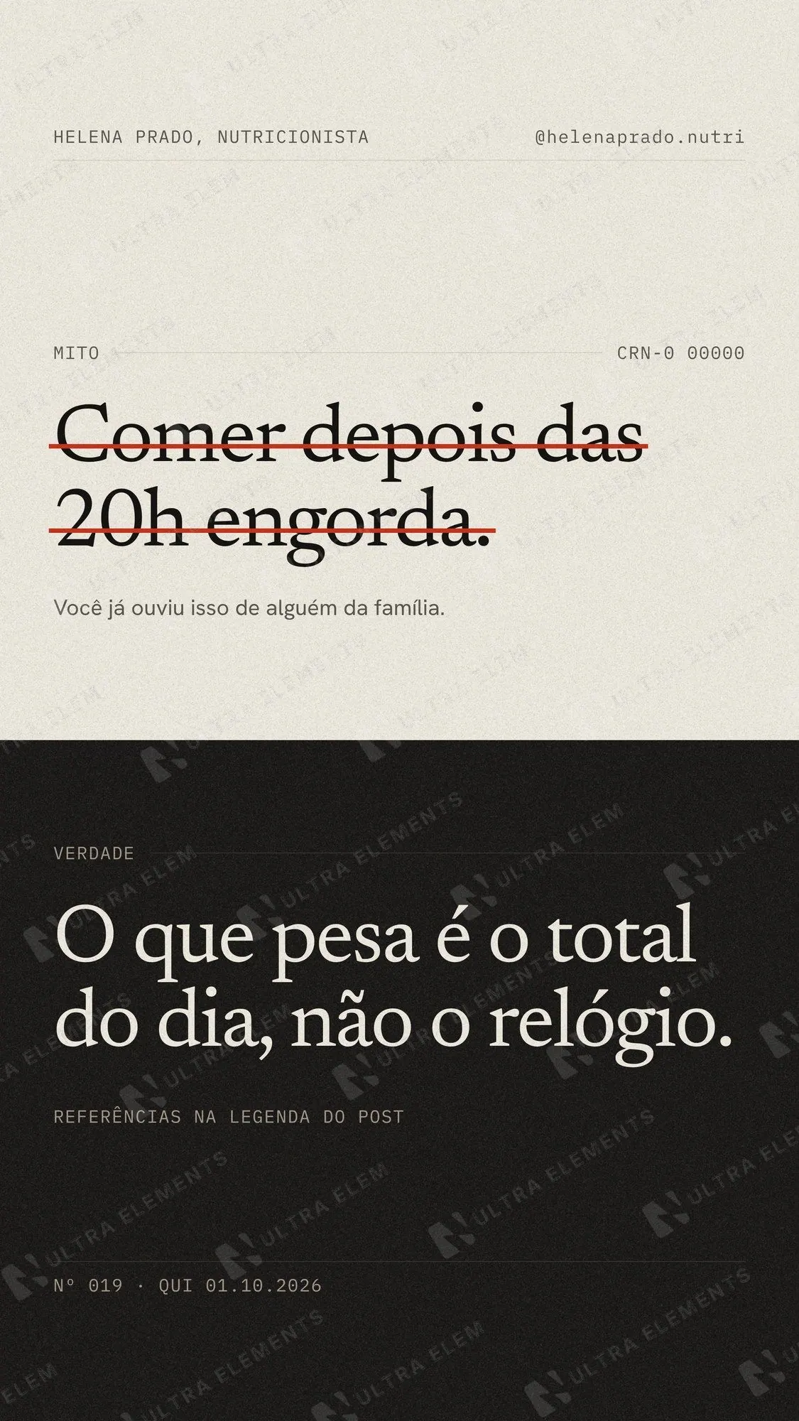 Capa de Reels para nutricionista estilo revista: mito × verdade em blocos claro e escuro — imagem 1 de 2