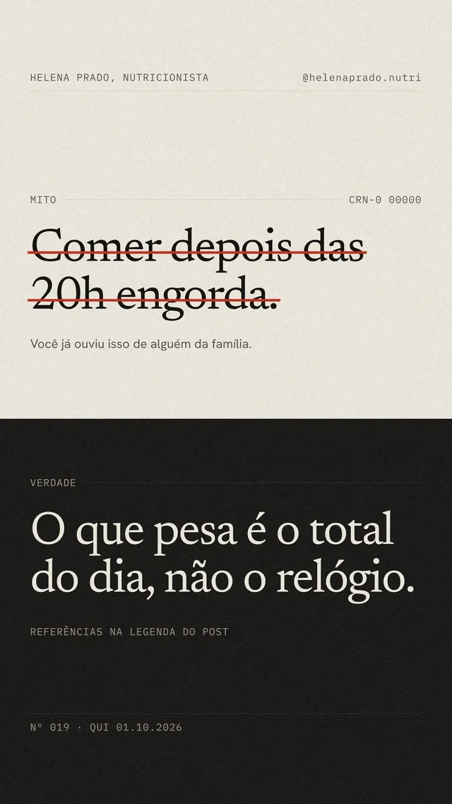 Capa de Reels para nutricionista estilo revista: mito × verdade em blocos claro e escuro