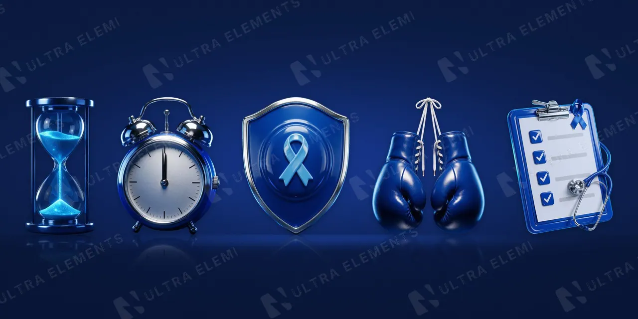 Objetos 3D Novembro Azul em PNG: ampulheta, despertador, escudo, luvas de boxe e prancheta — imagem 1 de 2
