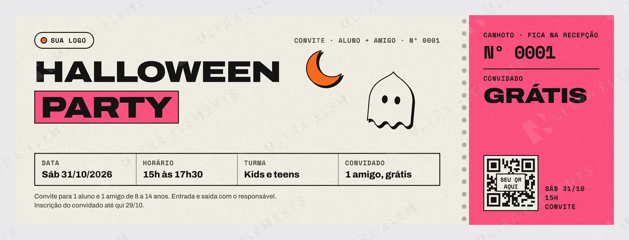 Convite-ingresso Halloween Party da escola 2000×700: aluno + amigo grátis, com canhoto rosa numerado — imagem 1 de 2