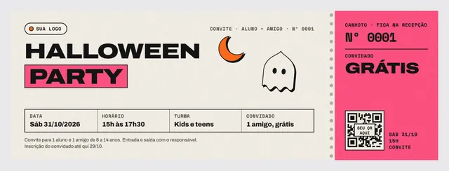 Convite-ingresso Halloween Party da escola 2000×700: aluno + amigo grátis, com canhoto rosa numerado