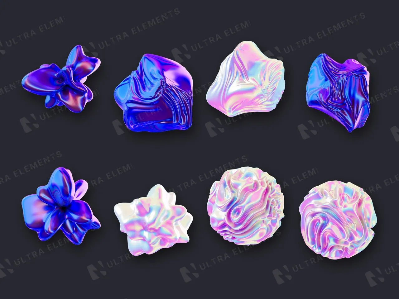 Elementos 3D holográficos iridescentes: 8 PNGs transparentes em 2000 px — imagem 1 de 9