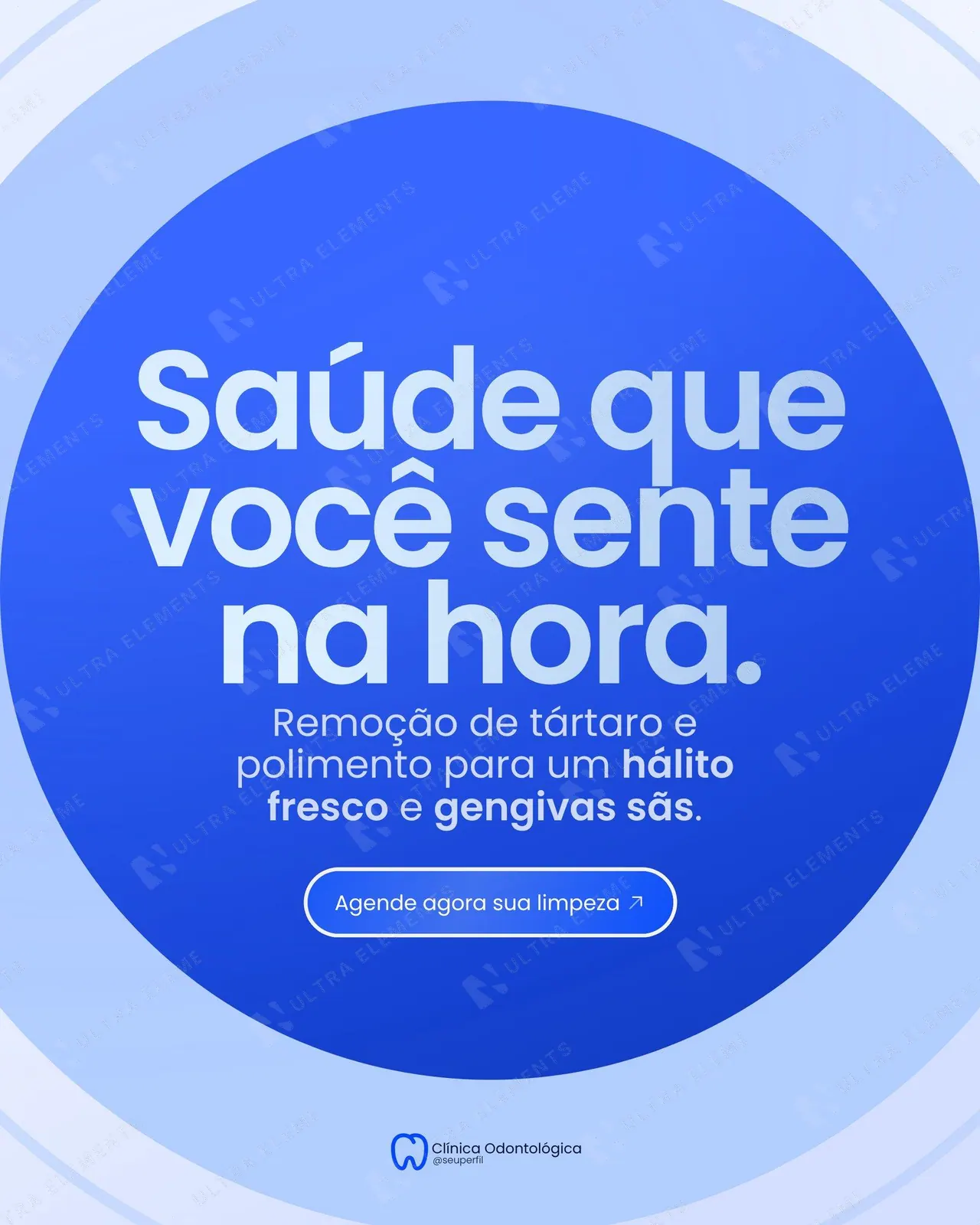 Post clínica odontológica: limpeza e remoção de tártaro, tipográfico em círculo azul (feed)