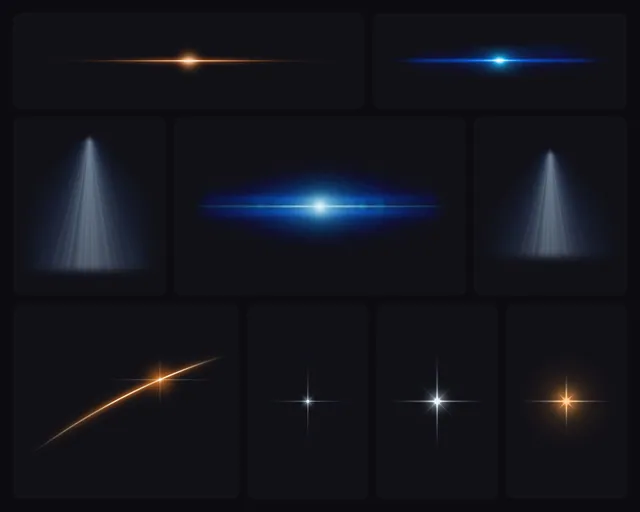 Kit de luzes em PNG transparente: 3 flares anamórficos, feixe de holofote, rastro de luz e 3 brilhos em estrela