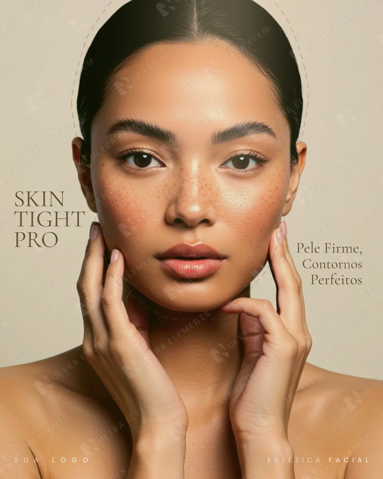 Post clínica de estética: Skin Tight Pro, mãos no rosto e contorno tracejado (feed)