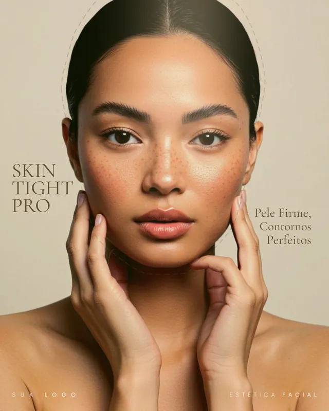 Post clínica de estética: Skin Tight Pro, mãos no rosto e contorno tracejado (feed)