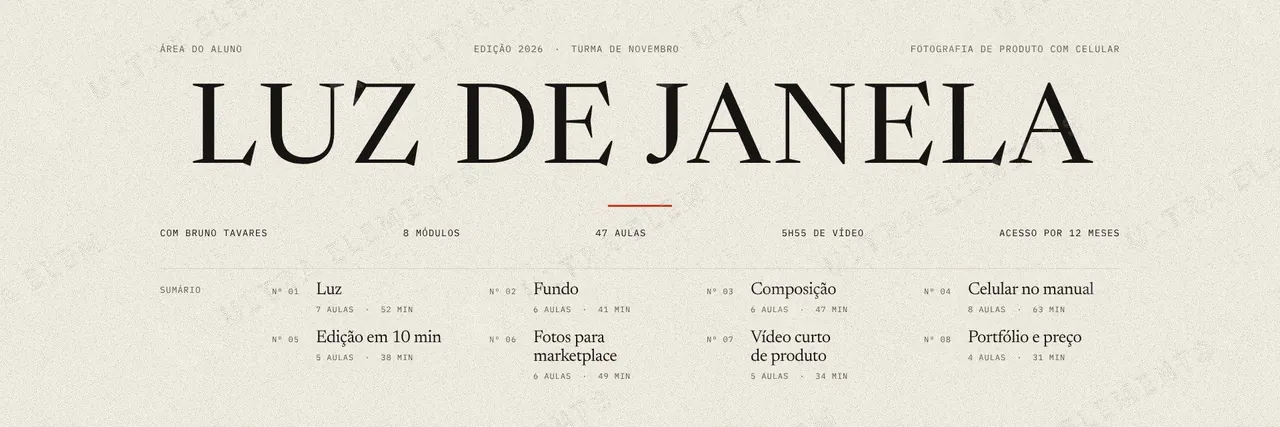 Header de área de membros estilo revista com sumário dos 8 módulos — imagem 1 de 2