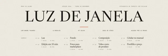 Header de área de membros estilo revista com sumário dos 8 módulos