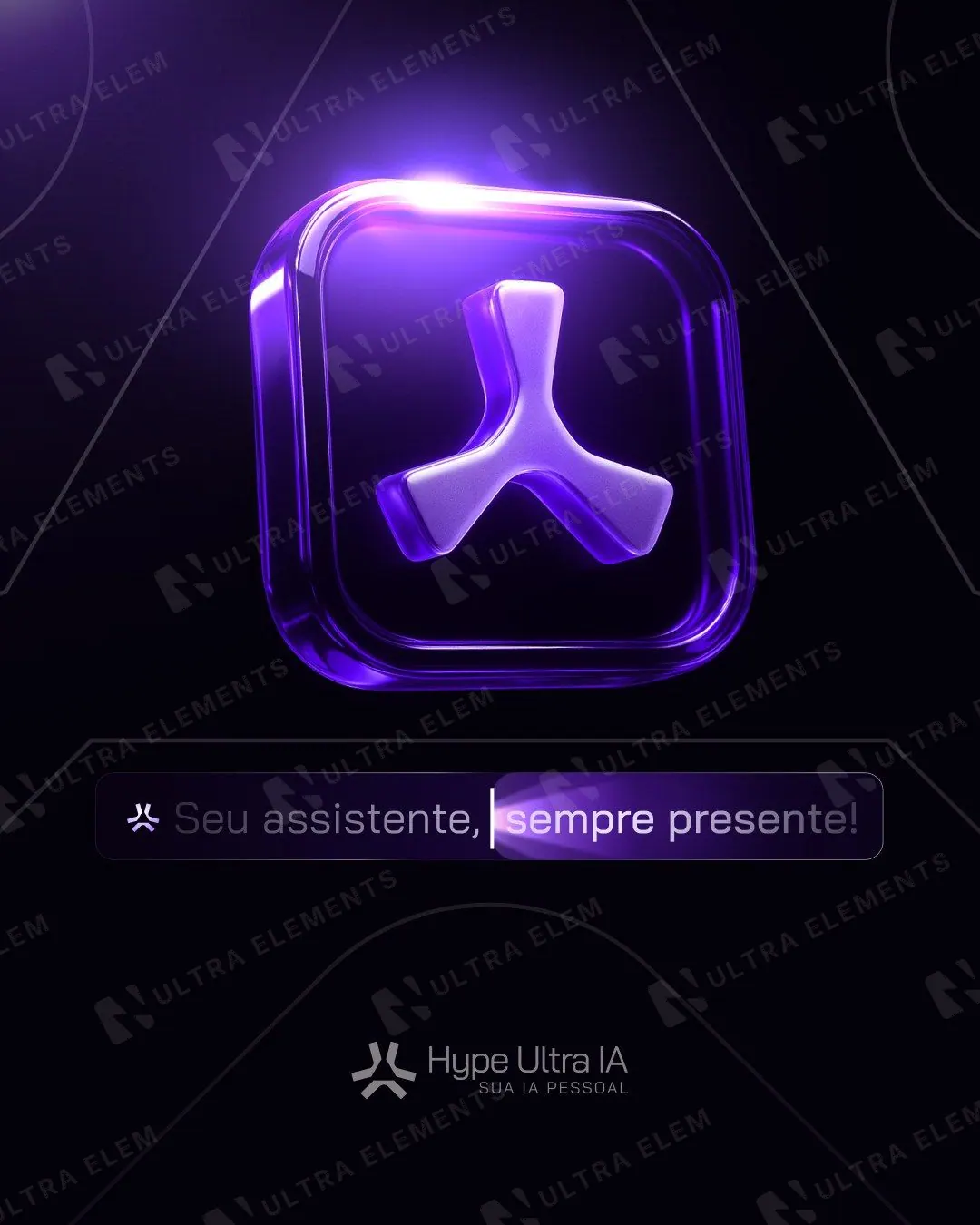 Post SaaS de IA neon: ícone 3D de vidro e barra "Seu assistente, sempre presente" (feed)
