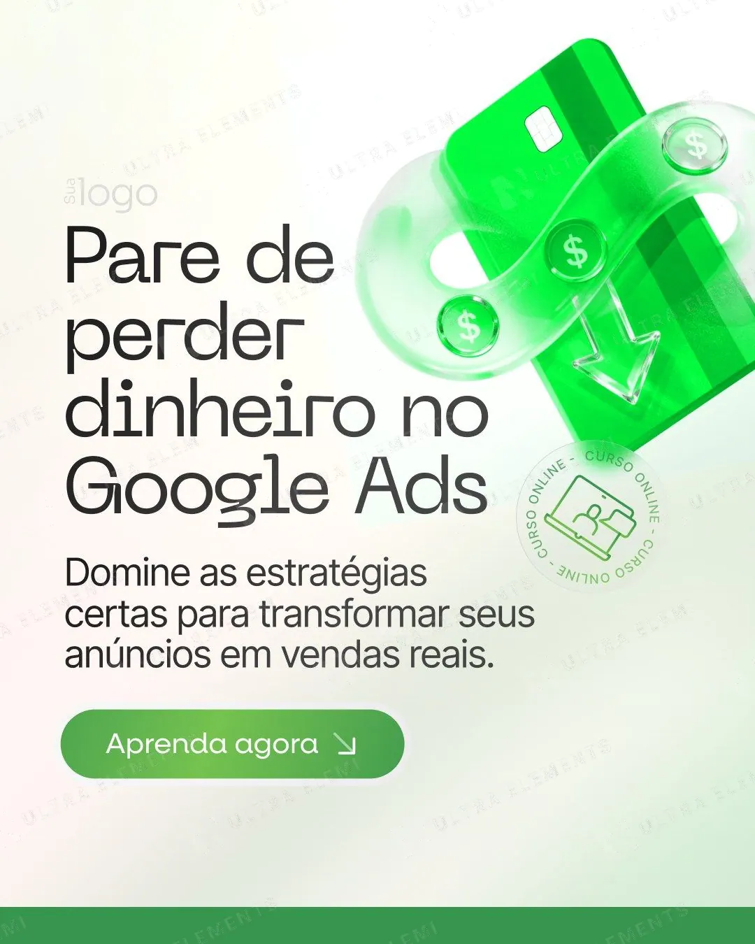 Anúncio de curso de tráfego pago: cartão verde 3D e moedas de vidro (feed)