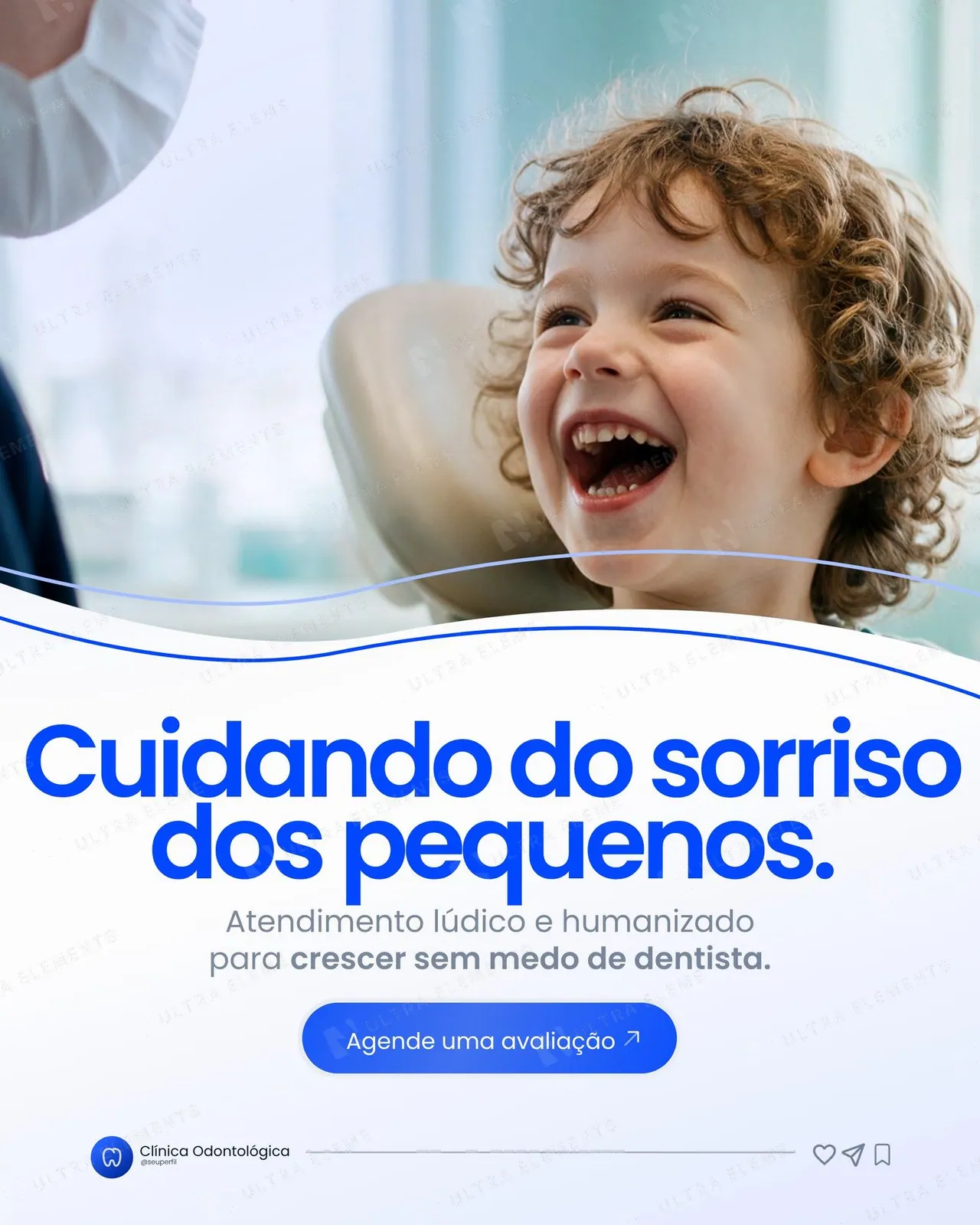 Post odontopediatria: "Cuidando do sorriso dos pequenos" com criança sorrindo (feed)