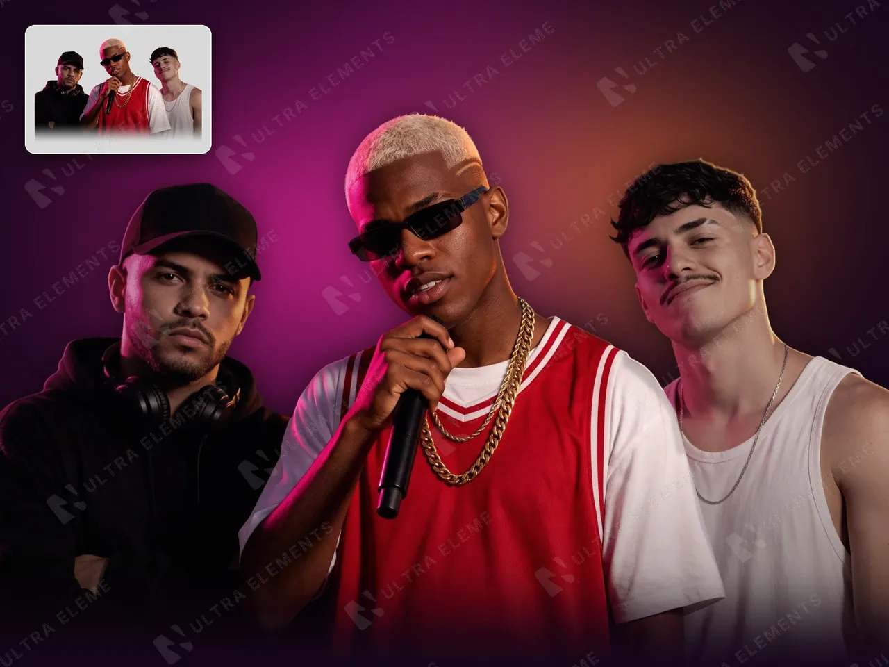 PNG trio de funk recortado: DJ e dois MCs com contraluz magenta e laranja — imagem 1 de 2