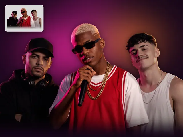 PNG trio de funk recortado: DJ e dois MCs com contraluz magenta e laranja