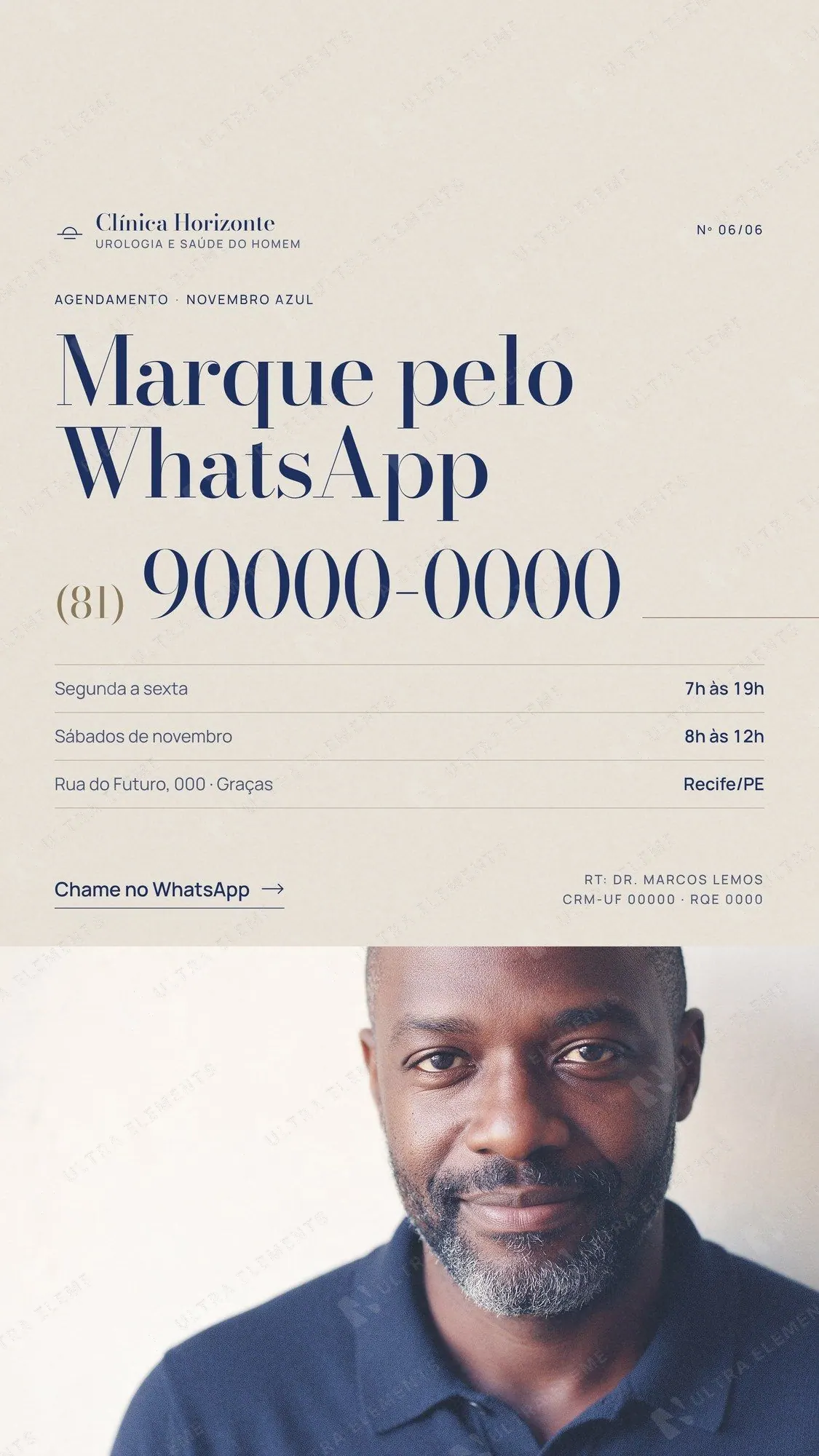 Story Novembro Azul: telefone para agendamento e retrato em fundo linho