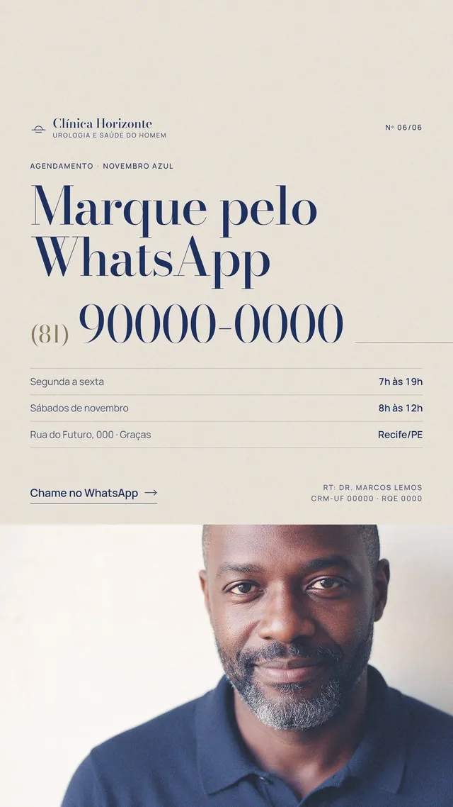 Story Novembro Azul: telefone para agendamento e retrato em fundo linho
