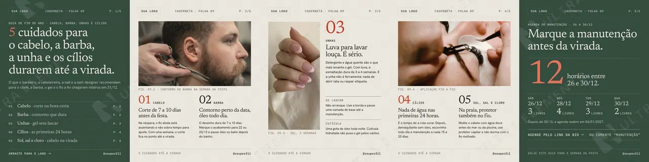 Carrossel 5 cuidados até a virada: cabelo, barba, unhas e cílios para salão e barbearia (5 slides) — imagem 1 de 6