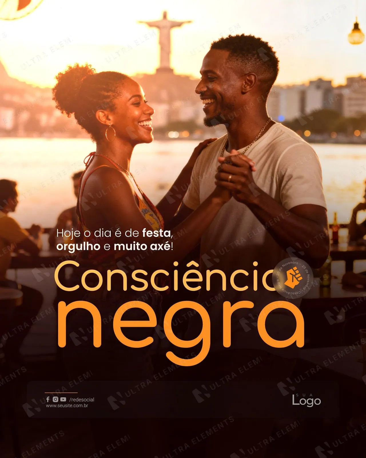 Post Consciência Negra: casal dançando ao pôr do sol com selo circular (feed)