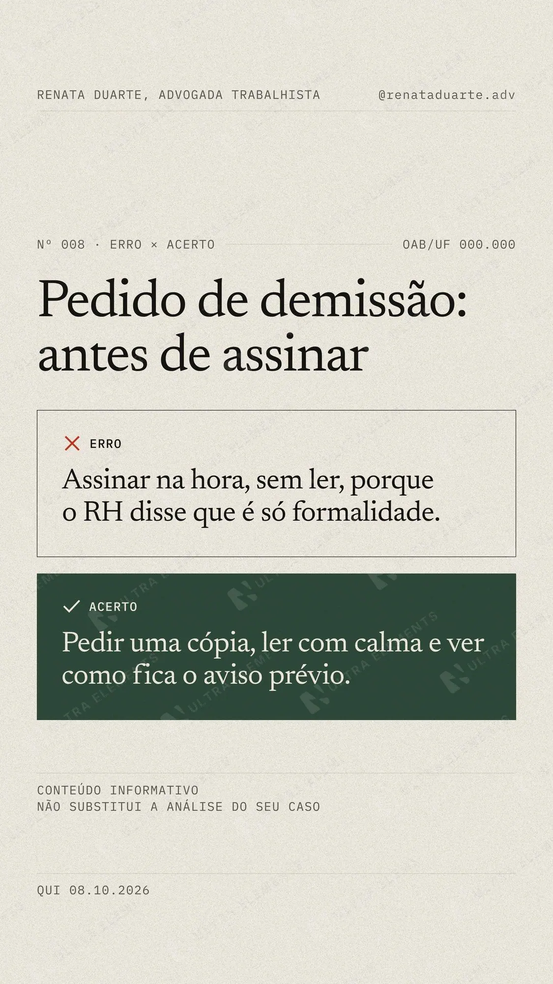 Capa de Reels para advogada trabalhista estilo revista: erro × acerto antes de assinar — imagem 1 de 3