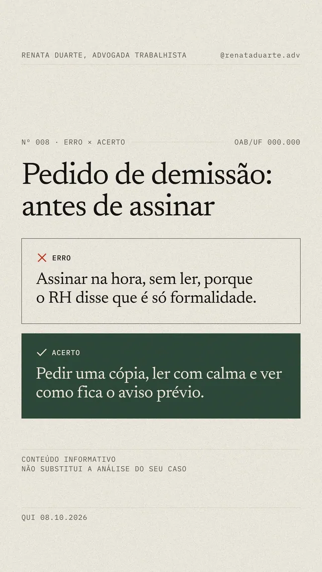 Capa de Reels para advogada trabalhista estilo revista: erro × acerto antes de assinar