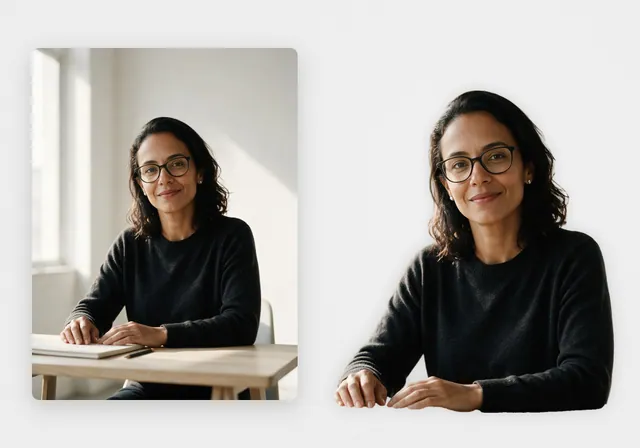 Consultora de óculos sentada à mesa com caderno: foto IA + PNG recortado