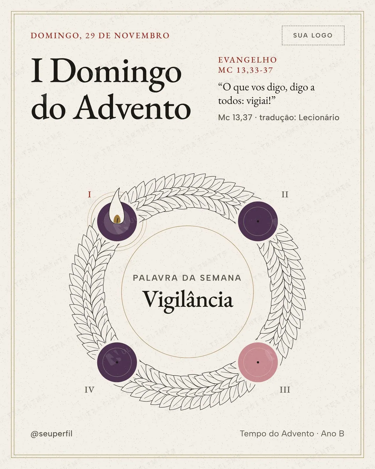 Post e story I Domingo do Advento 29/11 (católica): Vigilância, coroa com a 1ª vela roxa acesa — imagem 1 de 4