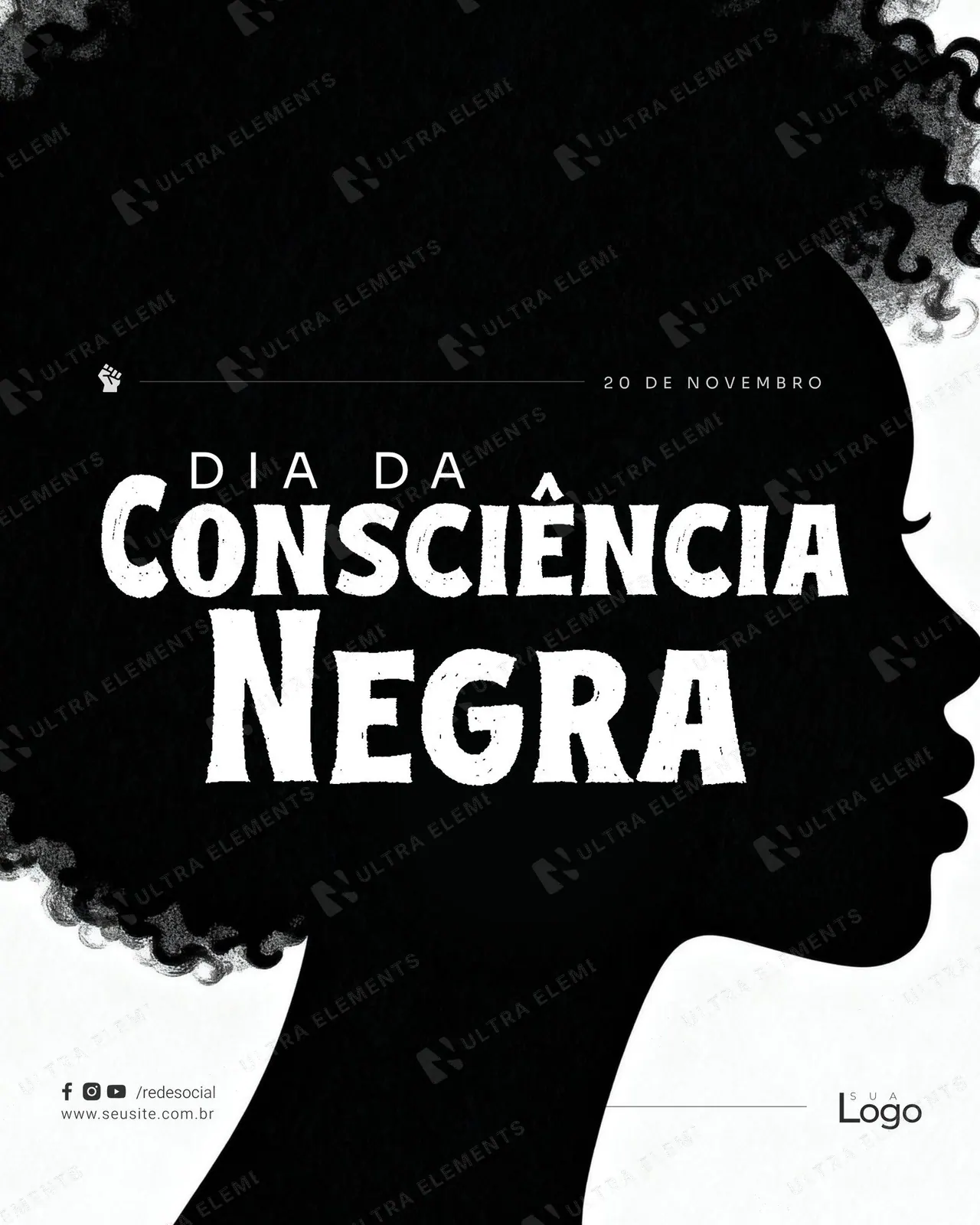 Post Dia da Consciência Negra: silhueta de perfil em preto e branco (feed)