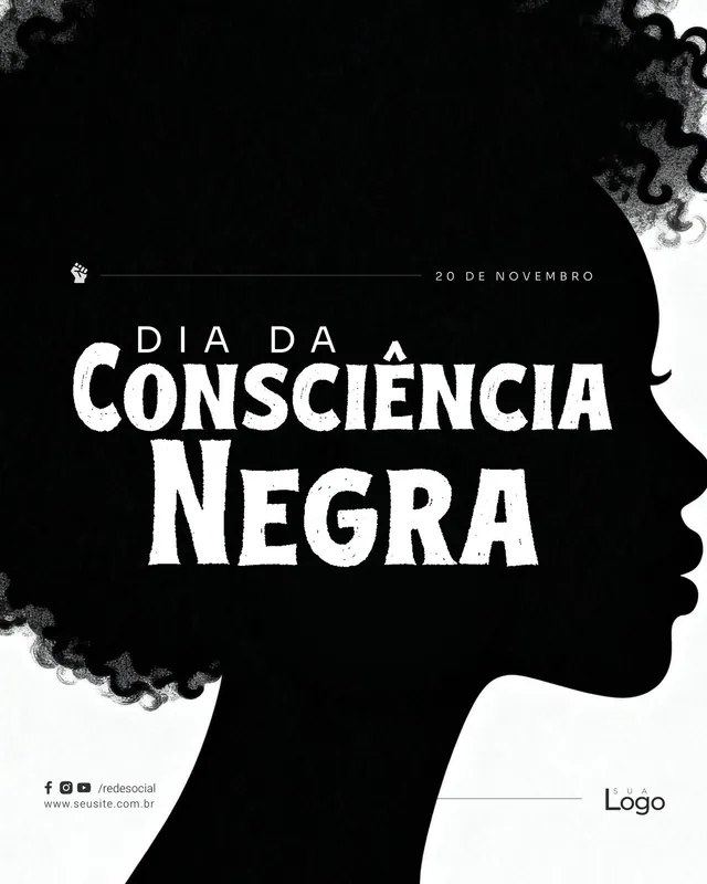 Post Dia da Consciência Negra: silhueta de perfil em preto e branco (feed)