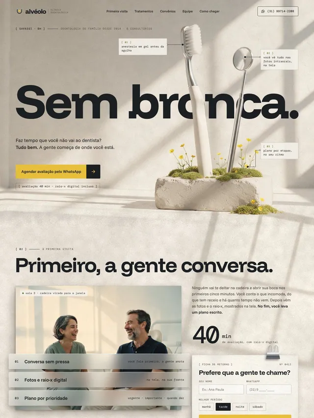 Landing page para clínica odontológica com primeira consulta, tratamentos, convênios e WhatsApp (desktop e mobile)