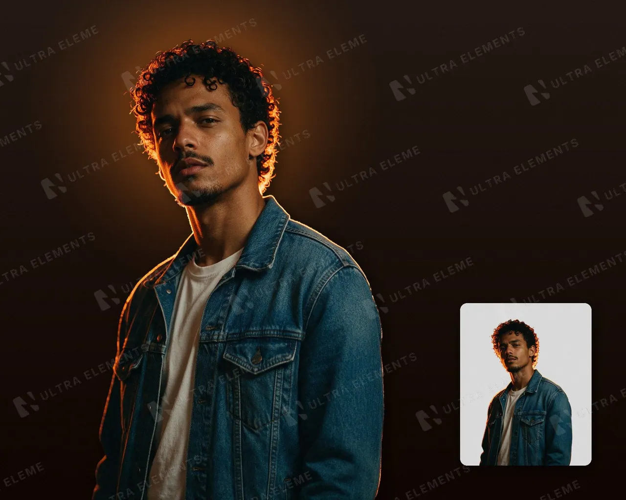 PNG cantor de cabelo cacheado e jaqueta jeans recortado com contraluz laranja — imagem 1 de 3