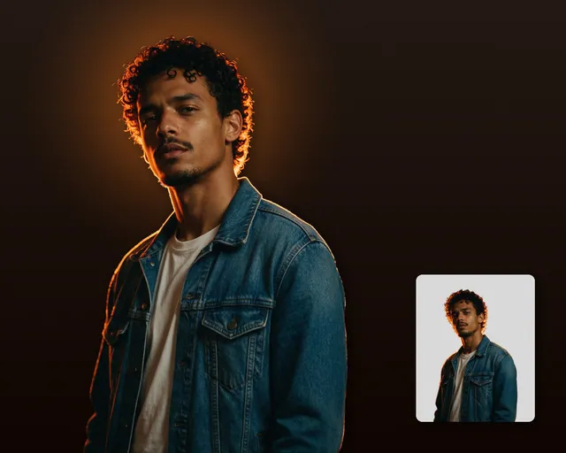 PNG cantor de cabelo cacheado e jaqueta jeans recortado com contraluz laranja