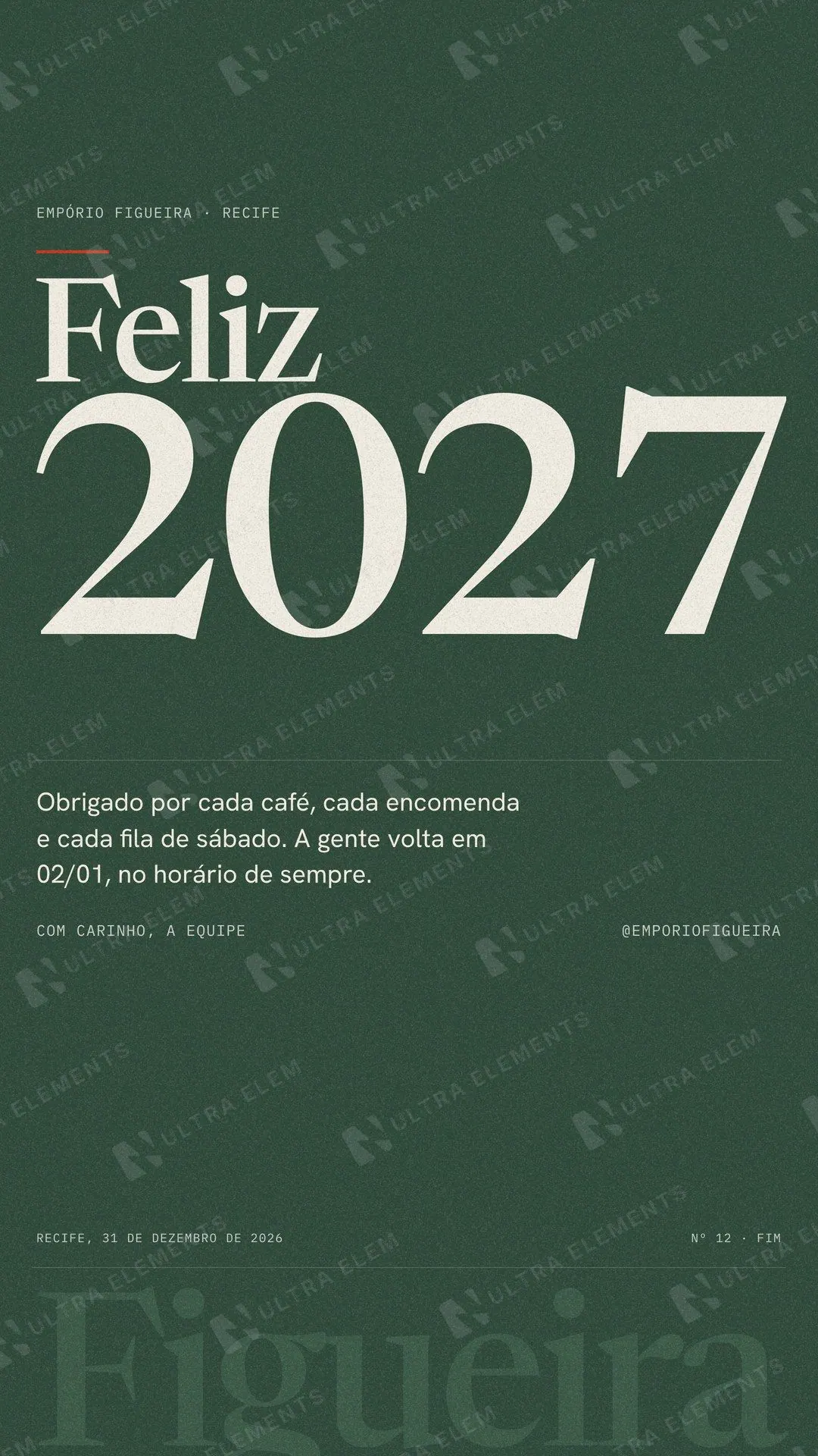 Story Feliz 2027 tipográfico em verde-garrafa