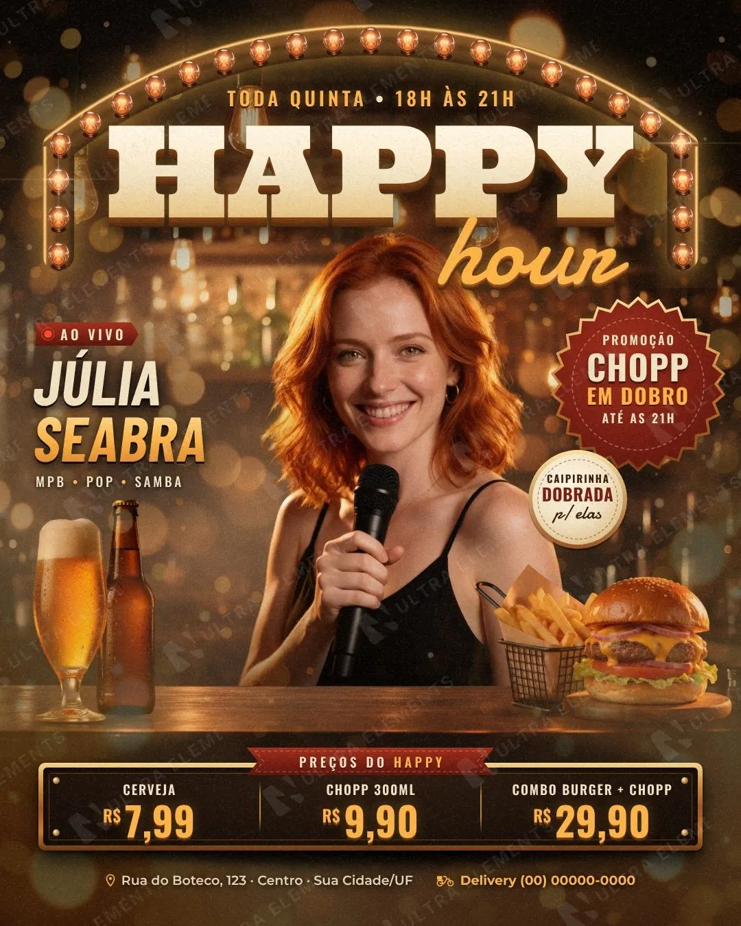 Happy Hour com Preços: cantora ao vivo, chopp, burger e fritas no balcão sob arco de lâmpadas (feed + story) — imagem 1 de 3