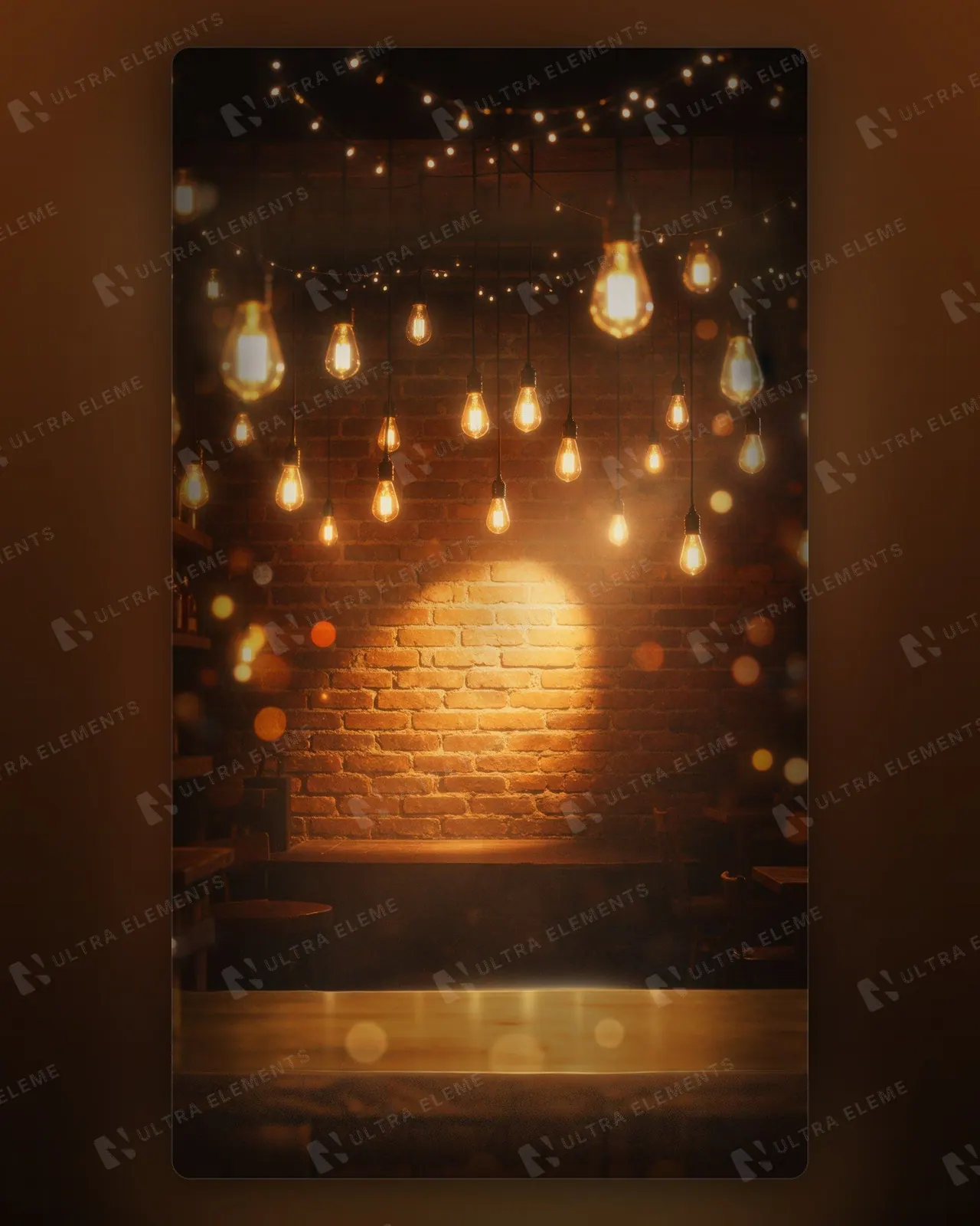 Cenário de boteco com lâmpadas Edison, parede de tijolinho e balcão (feed e story) — imagem 1 de 3