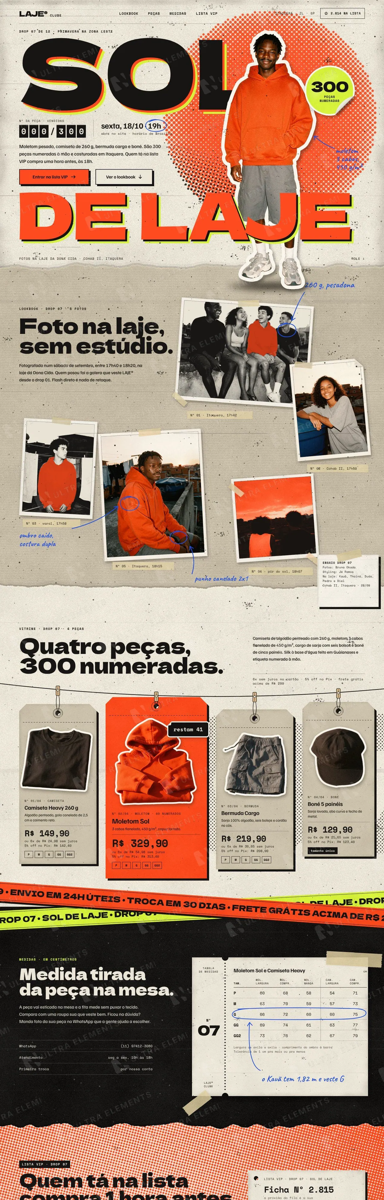 Landing page de lançamento de drop streetwear com lookbook em colagem, vitrine de peças e lista VIP (desktop e mobile) — imagem 1 de 8