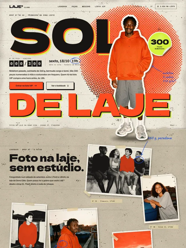 Landing page de lançamento de drop streetwear com lookbook em colagem, vitrine de peças e lista VIP (desktop e mobile)